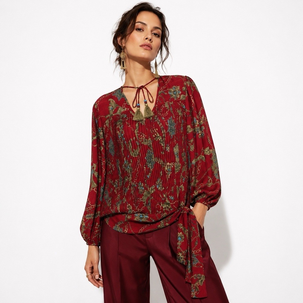 Vintage 80's Diane Freis Blouse Burgundy Floral Old Money Luxury Fall Size M L